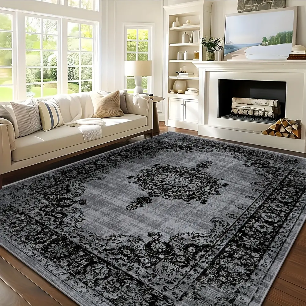 Black Bohemian-style living room rug; a soft and comfortable low-pile rug with a non-slip design; machine washable and easy to maintain; foldable; suitable for dining rooms, home offices, offices, bedrooms, and other home decor settings