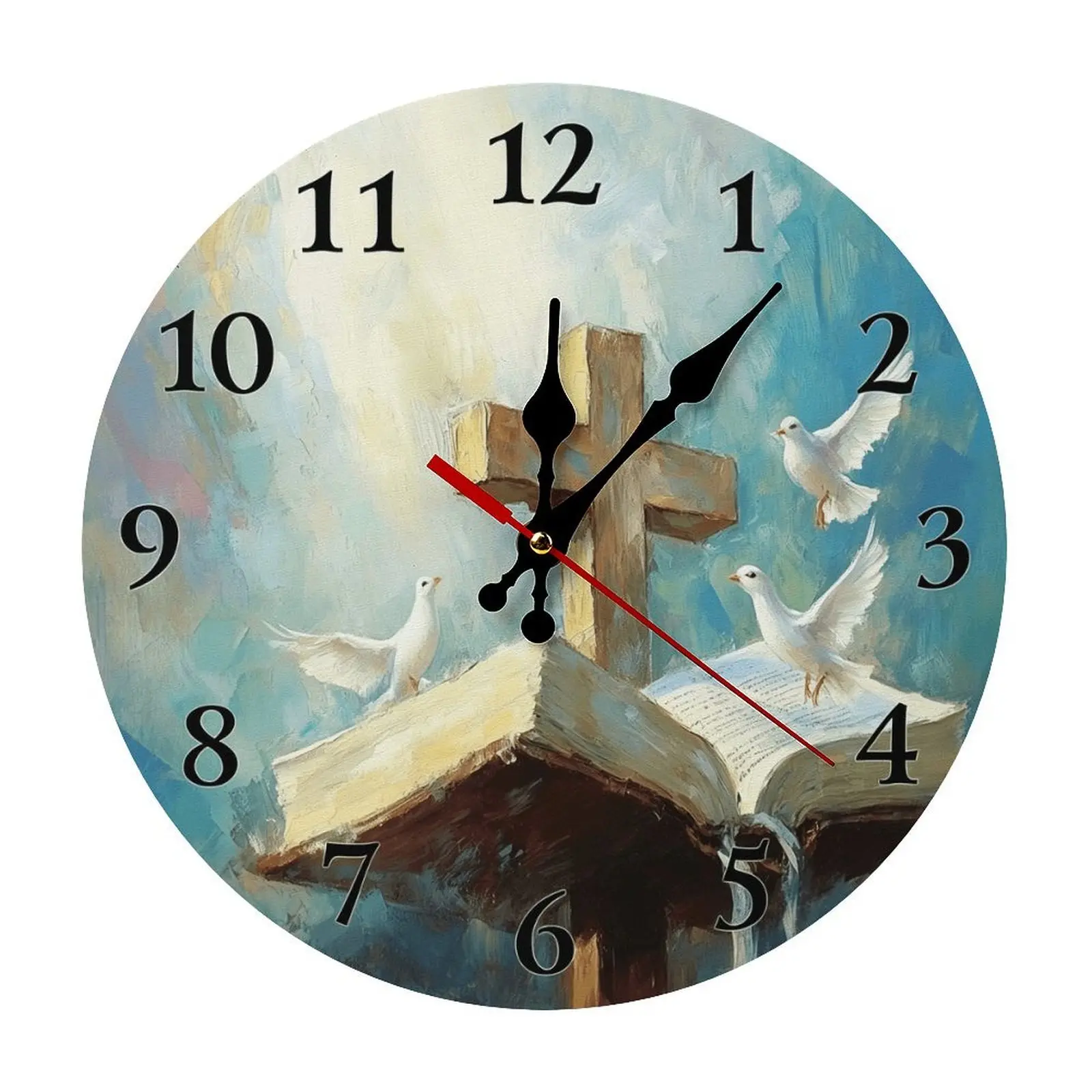10-in Round Wood Christian Bible Cross Analog Clock - Silent, Battery-Operated, Hangable Wall Mount Religious Home Decor for Family, Indoor Room Decor, Prayer Room