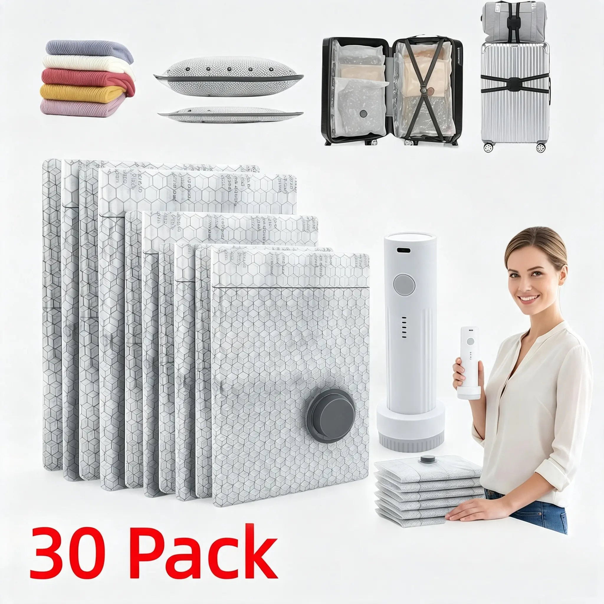 【2026 Upgraded】30 Jumbo Size Vacuum Bags ,Cordless Travel Vacuum Bag Set with Rechargeable Air Pump,Vacuum Sealed Bags for Clothing, Bedding, Blankets and Comforters, Space Saver for Luggage Packing and Moving,Compression Bag, Organiser Kit