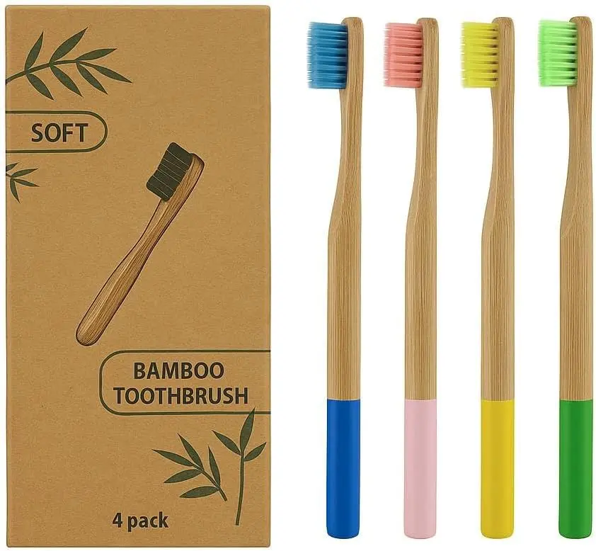 Bamboo Toothbrush 4 Pack – Eco-Friendly Wooden Toothbrush with Soft BPA-Free Vegan Bristles, Biodegradable & Plastic-Free