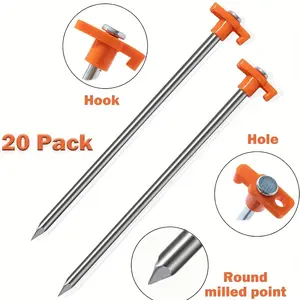 20 Pcs 9.8-Inch Heavy-Duty Stainless Steel Tent Stakes - Durable, Bend-Resistant Ground Anchors with Orange Plastic Heads - Rustproof Metal Nails for Camping, Outdoor Adventures & Construction