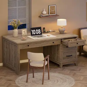 Garvee Wooden Executive and Home Office Desks with Built-in Charging Stations, Power Outlets, Storage Drawers, and File Cabinets in Gray, White, Brown, and Black Finishes, Perfect for Study and Workspaces