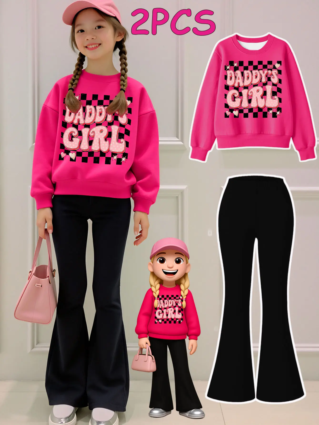 Girls' Kids Clothing 2-PC Match Set - Daddy’s Girl All Over Print Checkerboard Hearts Composite Fabric Long-Sleeved Round Neck Sweatshirt & Flared Pants, 9-10 Years, Casual Tween Look Autumn-Winter Outdoor Wear