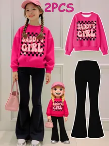 2PCS Autumn Winter Tween Girls Clothes Sweatshirt Set  Daddy's Girl Checkerboard Hearts Pattern Print Girl Clothes Long Sleeved Round Neck Sweatshirt  Bell Bottom Pants Set Perfect For Outdoor  Kids Clothes