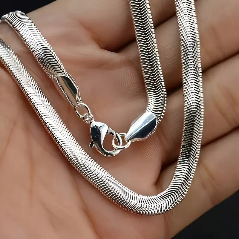 Unisex S925 Pure Silver Flat Snake Bone Chain - Italian Handmade, Allergy-Tested Artistic Silver Necklace, Versatile Wear (Solo, Layered) for Jewelry Gifting