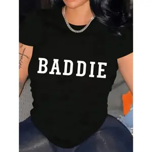Trendy Plus Size Women'S Cotton Short Sleeve T-Shirt With White Lettering Baddie Style Loose Fit Breathable Black Fashion Top good graphic tees