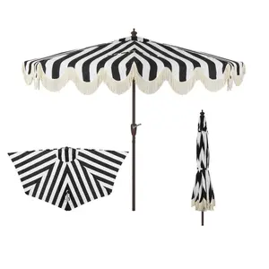 JONATHAN Y Beverly 9 ft. Designer Classic Scalloped Fringe Half Market Patio Umbrella with Crank, Push Button Tilt and UV Protection  windproof