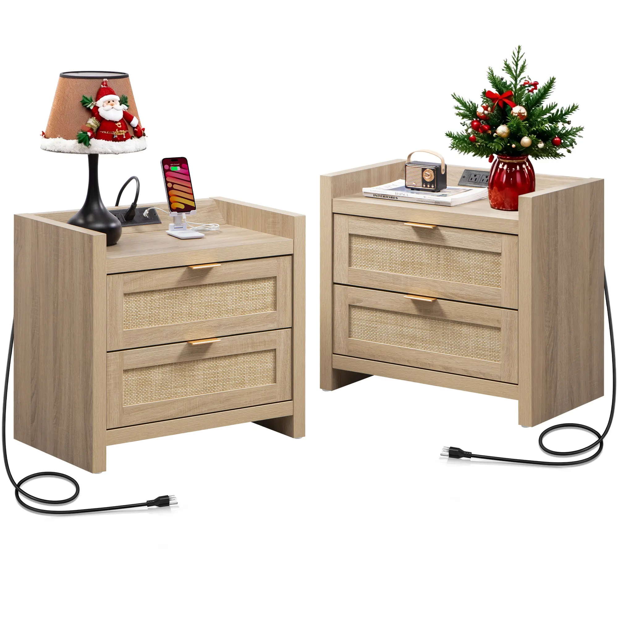 SICOTAS 2-Pack Modern Boho Rattan Nightstands with Charging Ports - 15.4"x23.6"x22.1" Wood Bedside Tables with USB/Power Outlets, Sturdy for Modern Bedroom, Small Room & Dorm Room Ideas, Wood Bedside Table, Small Room Ideas