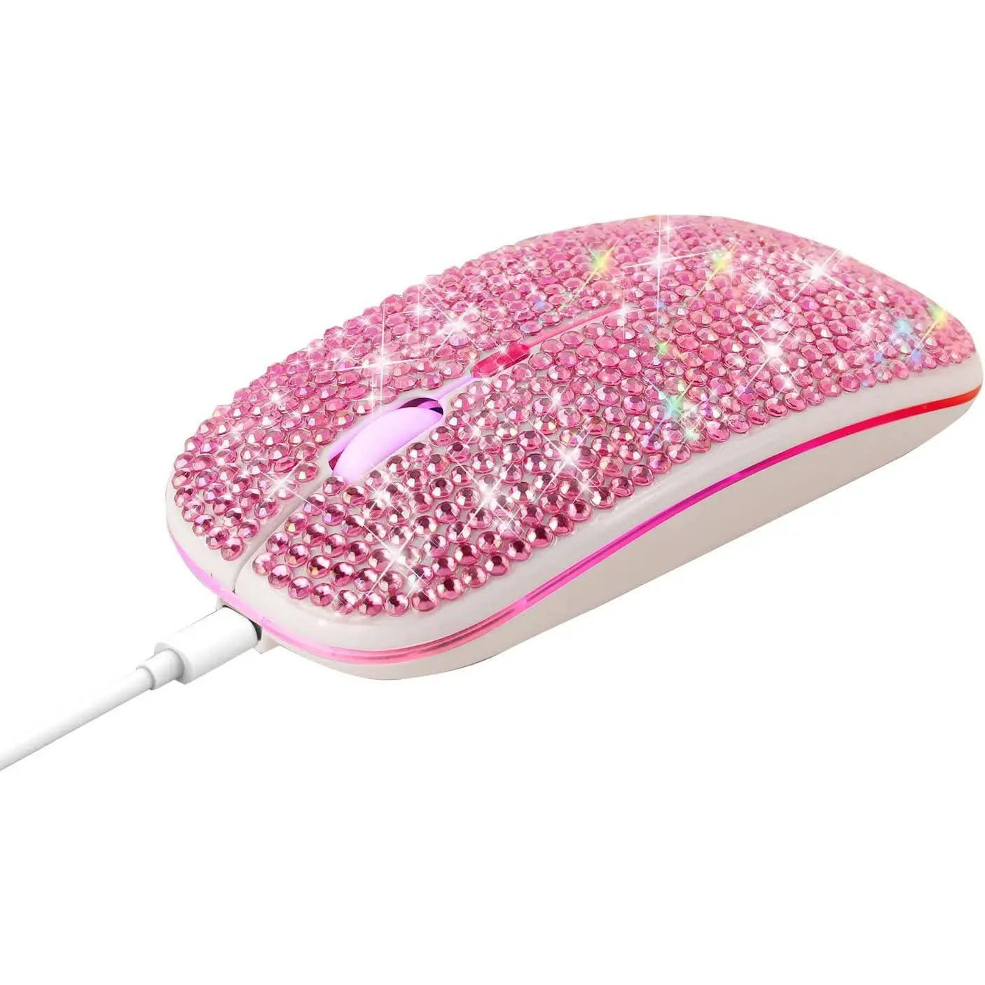 Crystal Diamond Rhinestone-Covered Feminine Wireless Mouse, 2.4GHz+5.2 Bluetooth Rechargeable, RGB Lighting Laptop Mouse, Color Changing Backlit, Work & Gift Option for Her (Pink)