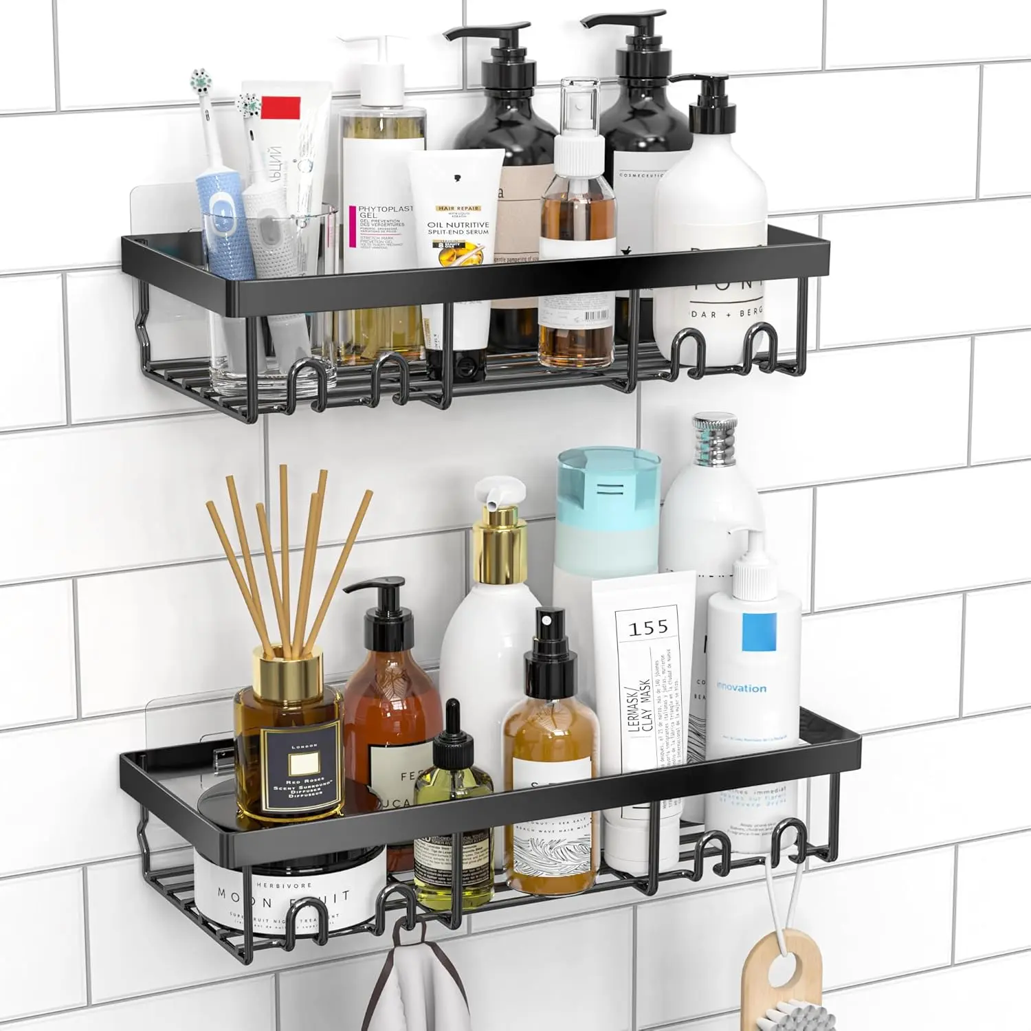 2-Pack X-BS05 Wall-Mount Shower Caddy Shelves, Classic Smooth Durable Stainless Steel Metal Organizer with Waterproof Self-Adhesive Tape, Adjustable Easy-Remove Adhesive Black Bathroom Basket with Hooks for Home, RV