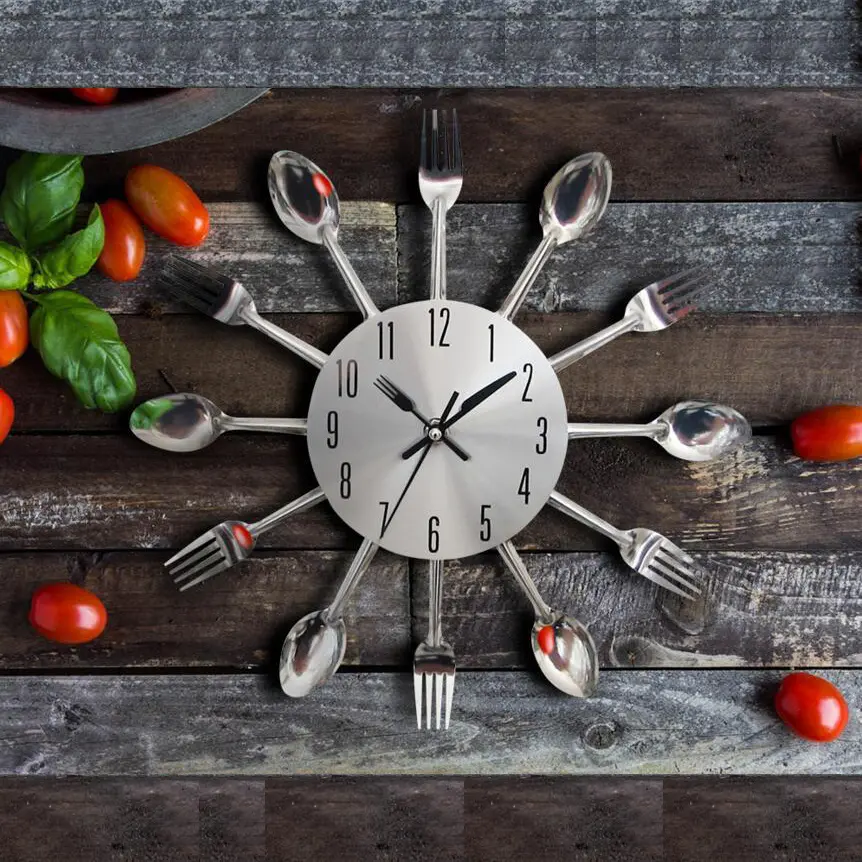 12in Kitchen Decorative Clock - Stainless Steel Cutlery Hands + Mirror, New Home/Restaurant Opening Gift, Modern Home/Living Room/Dining Room Decor, Minimalist Wall Clock, Wall Decor, Shipment within 1-2 days#tiktokshopsummersale