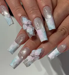 Flower Nails | Luxury Pastel Ombre Press On Nails  Handmade 3D Flower Water Drop Gel Nails  Milky White Blue Pink Gradient Shimmer Chrome Long Square Coffin Reusable Fake Nails  Custom Size Acrylic Nail Set for Women