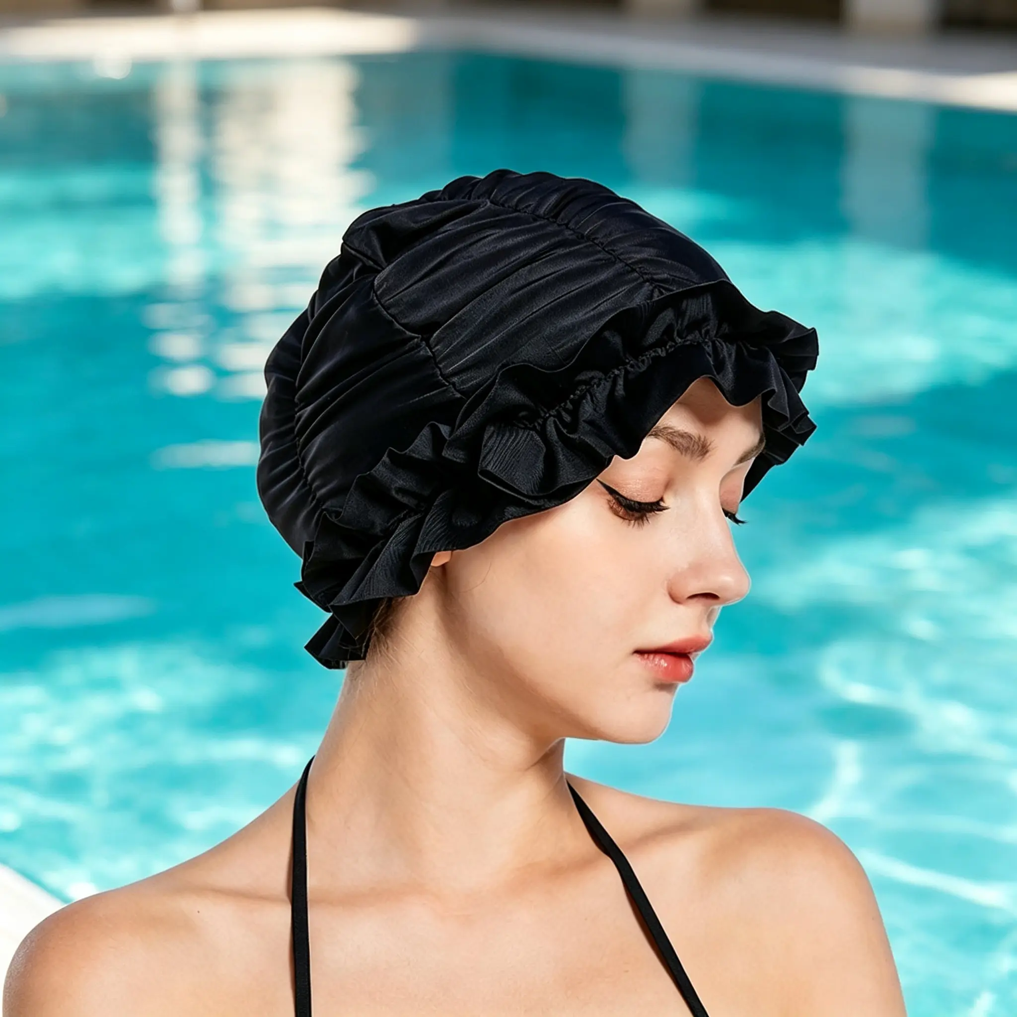 Women's High-Elasticity Breathable Polyester Swimming Caps (2 Pcs Set), Solid Colors, Snug Fit, Sunshade for Long Hair, Ideal for Hot Springs Use