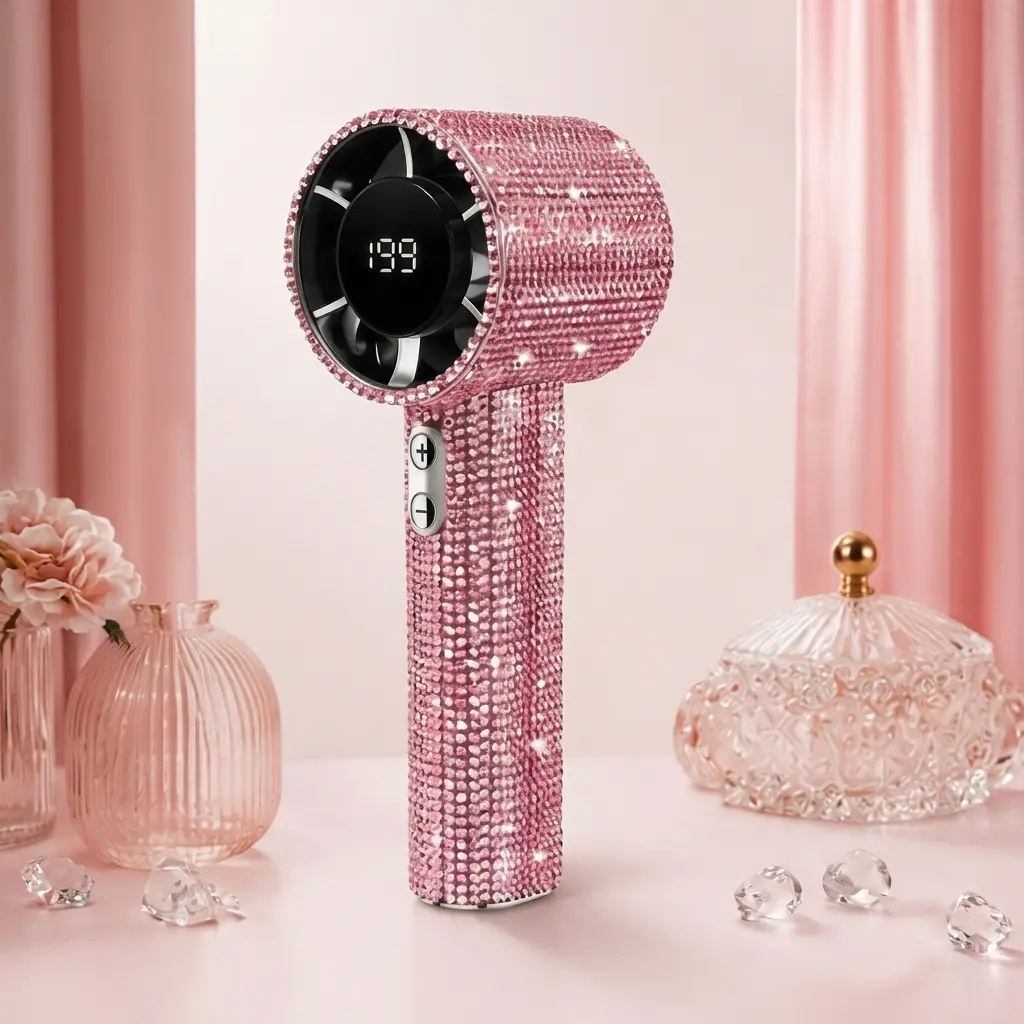 Sparkling Diamonds Handheld Fan, Portable Mini Fan with Digital Display, Adjustable Speed Rechargeable Personal Fan for Travel, Makeup, Outdoor, Women's Gifts