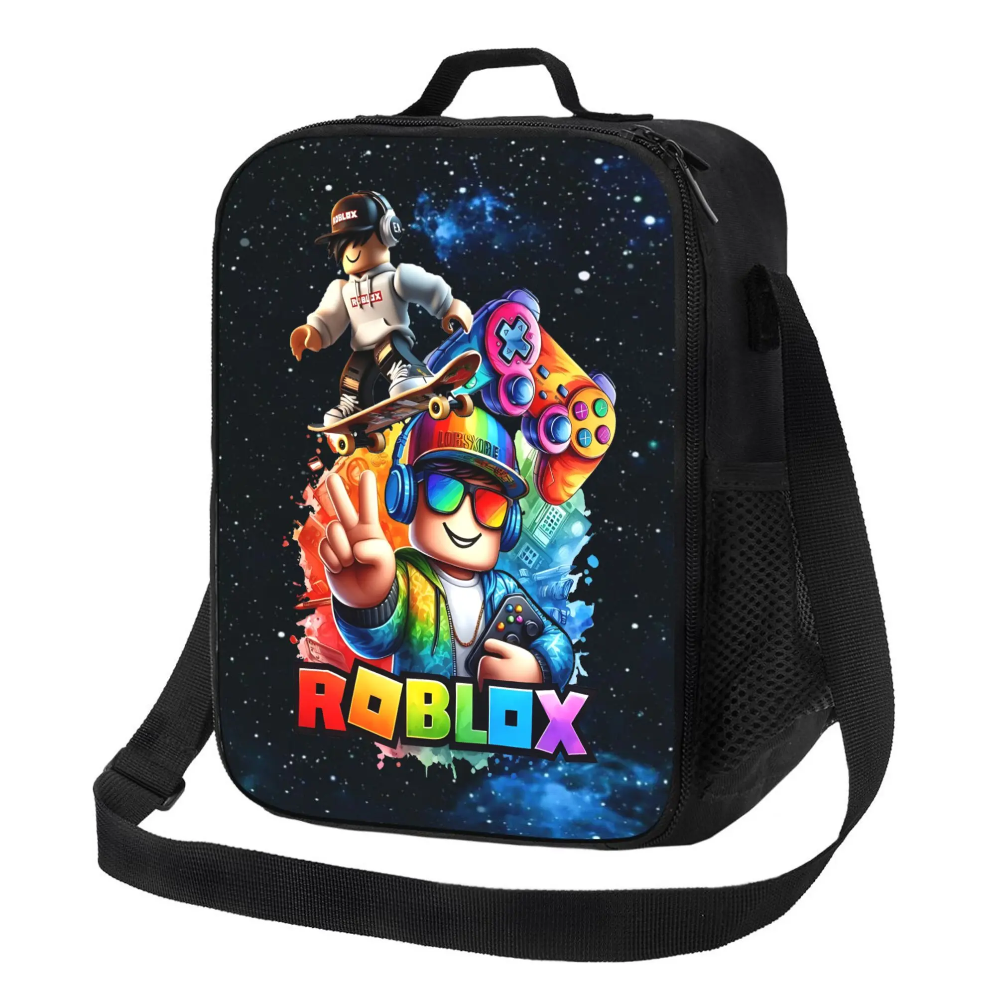 Adjustable Strap Roblox Themed Insulated Cooler Bag Large Storage Space Aluminum Foil Lining Water Oil Proof Outdoor Thermal Food Container Carry Bag