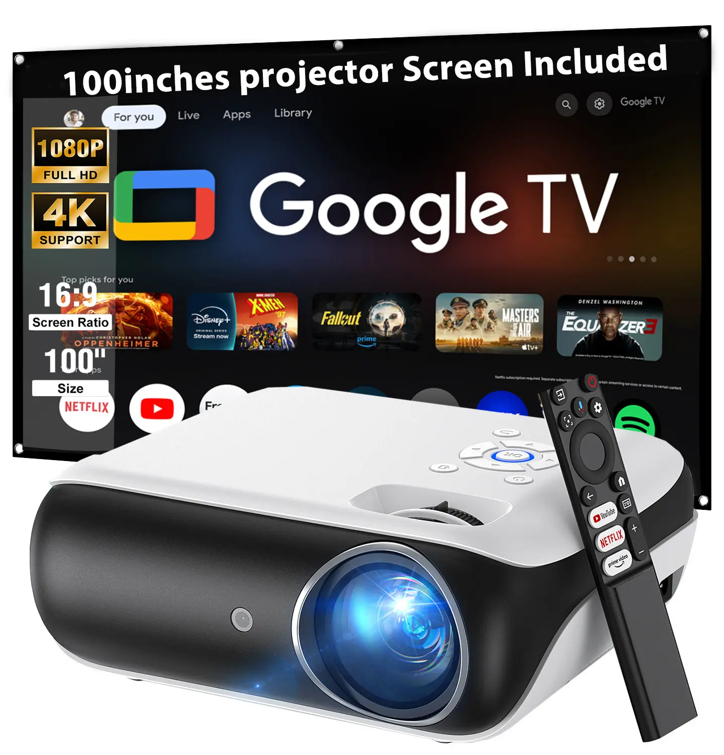HAPPRUN Mini Projector GTV – Portable 1080P Supported 4K-Compatible Home Theater Projector with Bluetooth 5.1, Screen Mirroring, Ideal for Bedroom, Camping, Kids Videos, Works with iPhone, Android, HDMI, USB, and TV Sticks