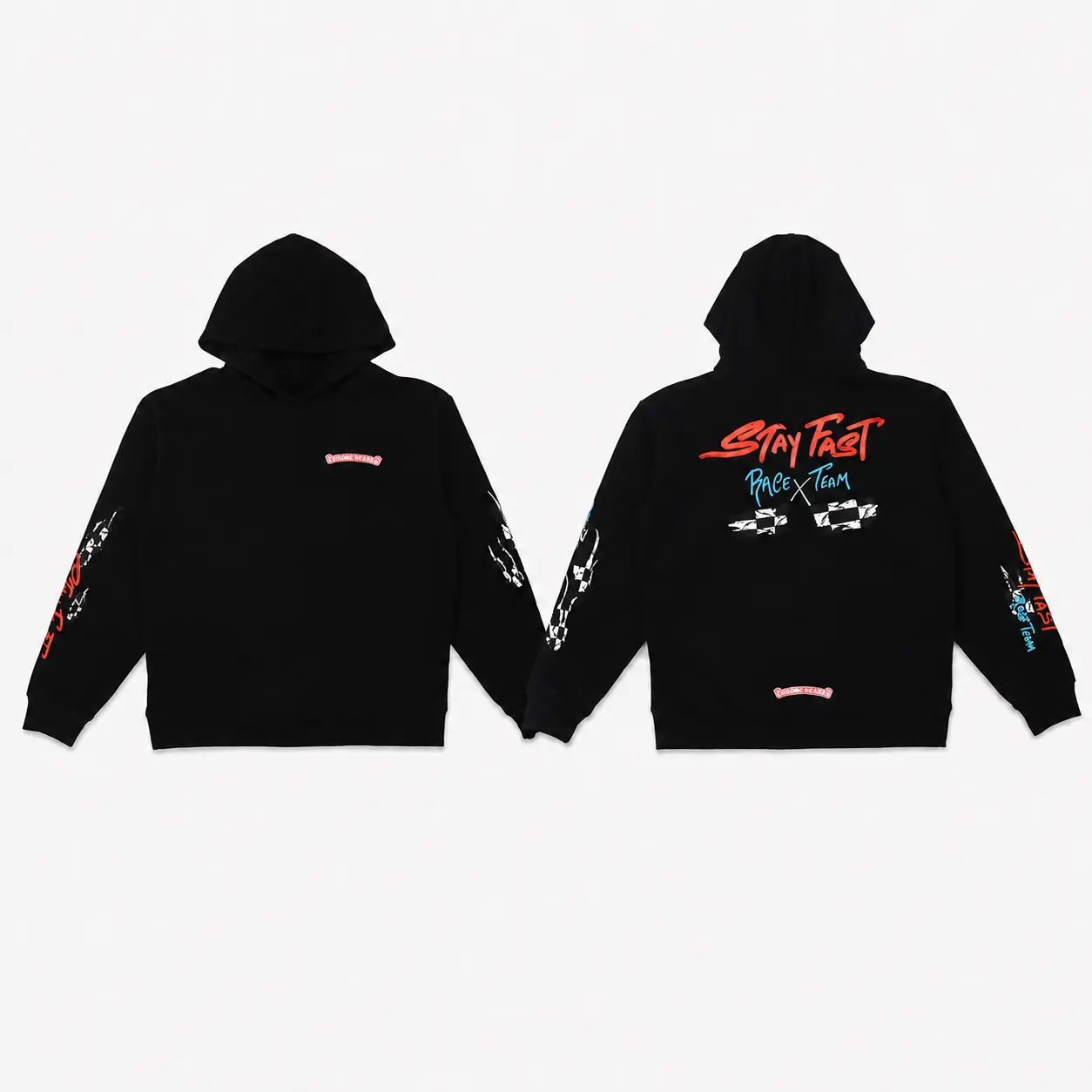 Stay Fast Racing Graphic Hoodie, Front Back Motorsport Streetwear Pullover, Racing Team Sleeve Print Hoodie, Urban Graphic Gift