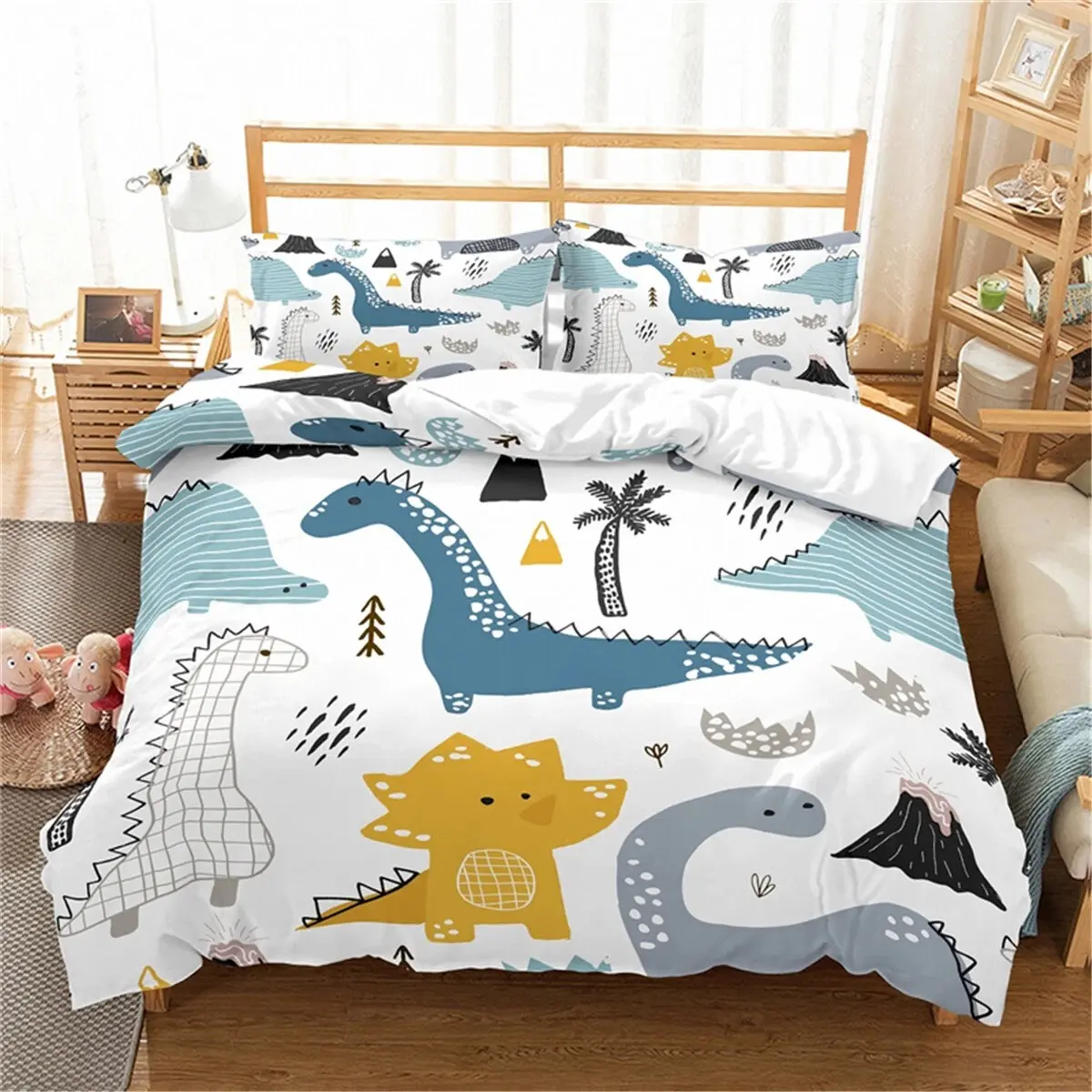 Cute Dinosaur Duvet Cover Bedding Set Cartoon Printed Bedding for Kids' Bedrooms, Includes 1 Fitted Sheet and 2 Pillowcases, Perfect for Playful Prehistoric Themed Rooms Bed Sets Supplies
