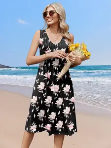 Zeagoo Live Women Summer Casual Dress 2025 Sleeveless Midi Swing Tank Sundress with Pockets V Neck A Line Pleated Tshirt Dress