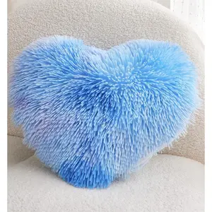Faux  Heart Throw Pillow,Sherpa Plush Fluffy Heart Shape Pillow,Zipper Close,Valentines Day Decor (Colorful Blue)