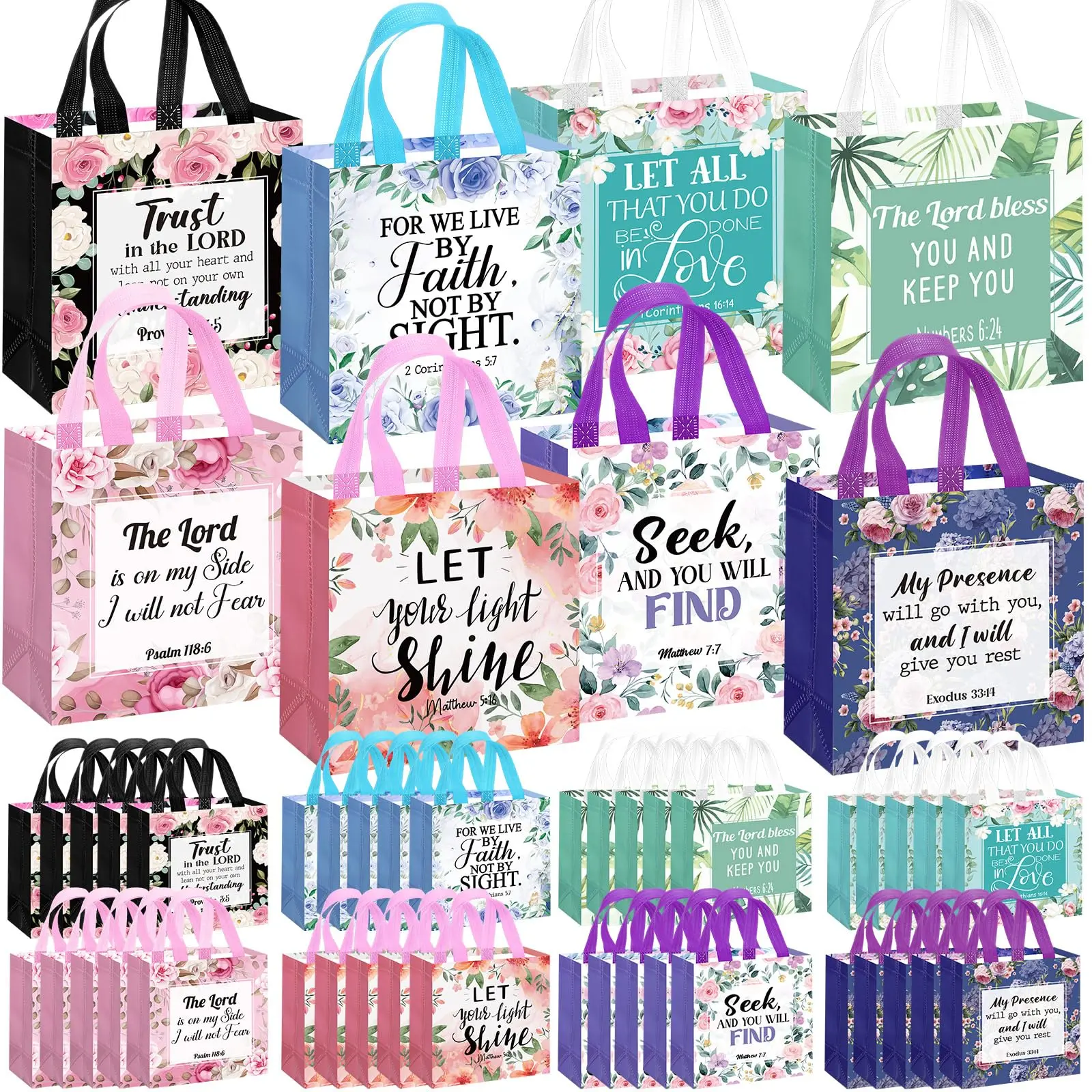 16/32/48Pcs Inspirational Bible Verse Gift Bags with Handle Reusable Non-Woven Christian Gift Bags for Men and Women Wedding Birthday ChurchSunday School Baptism Gift Teacher Appreciation Gift Religious Party Favors
