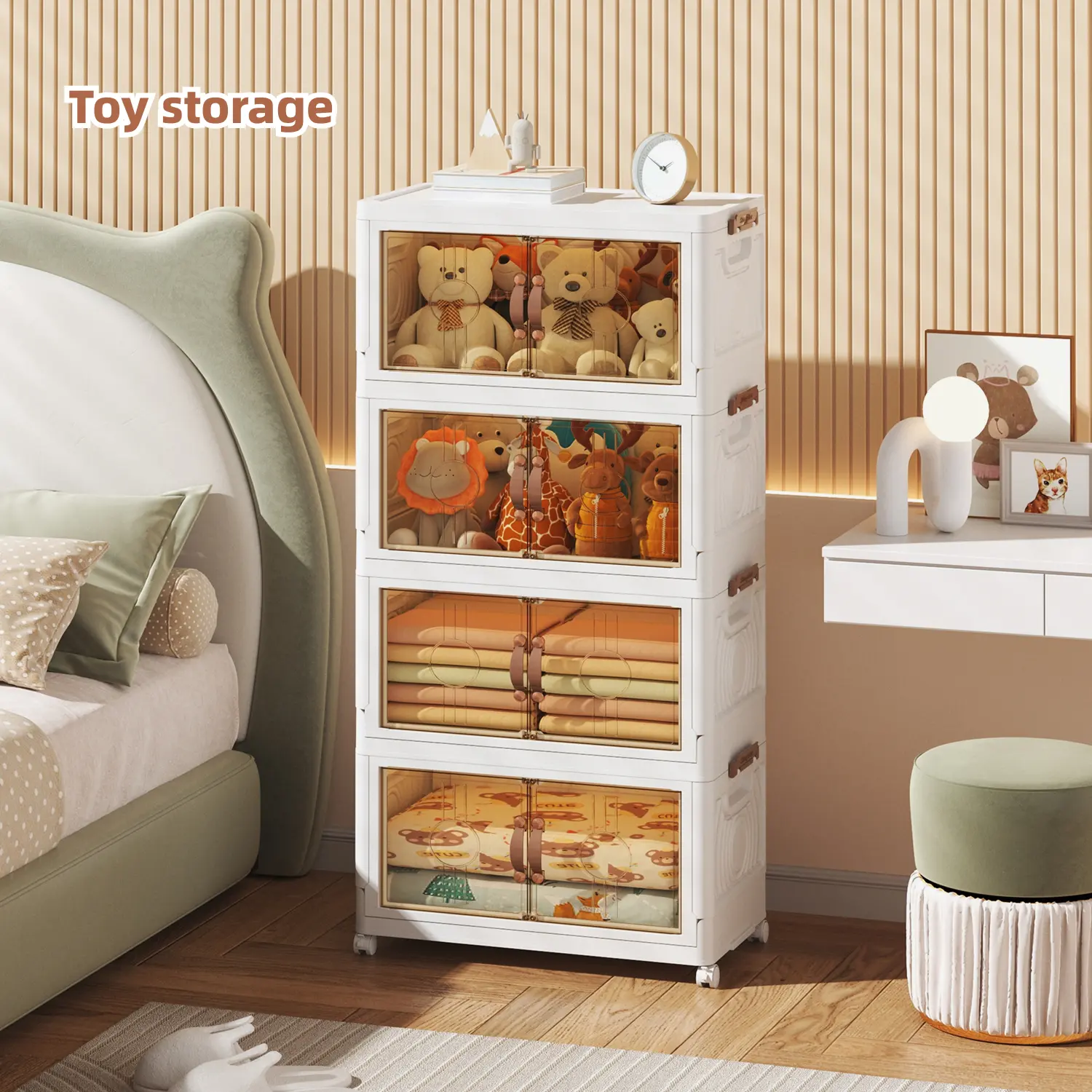 48QT Plastic Folding Storage Cabinet with Locking Doors, Wheels, Multiple Layers, Easy Assembly - Collapsible Freestanding Organizer for Home Pantry, RV - Home Supplies for Organizing Spaces