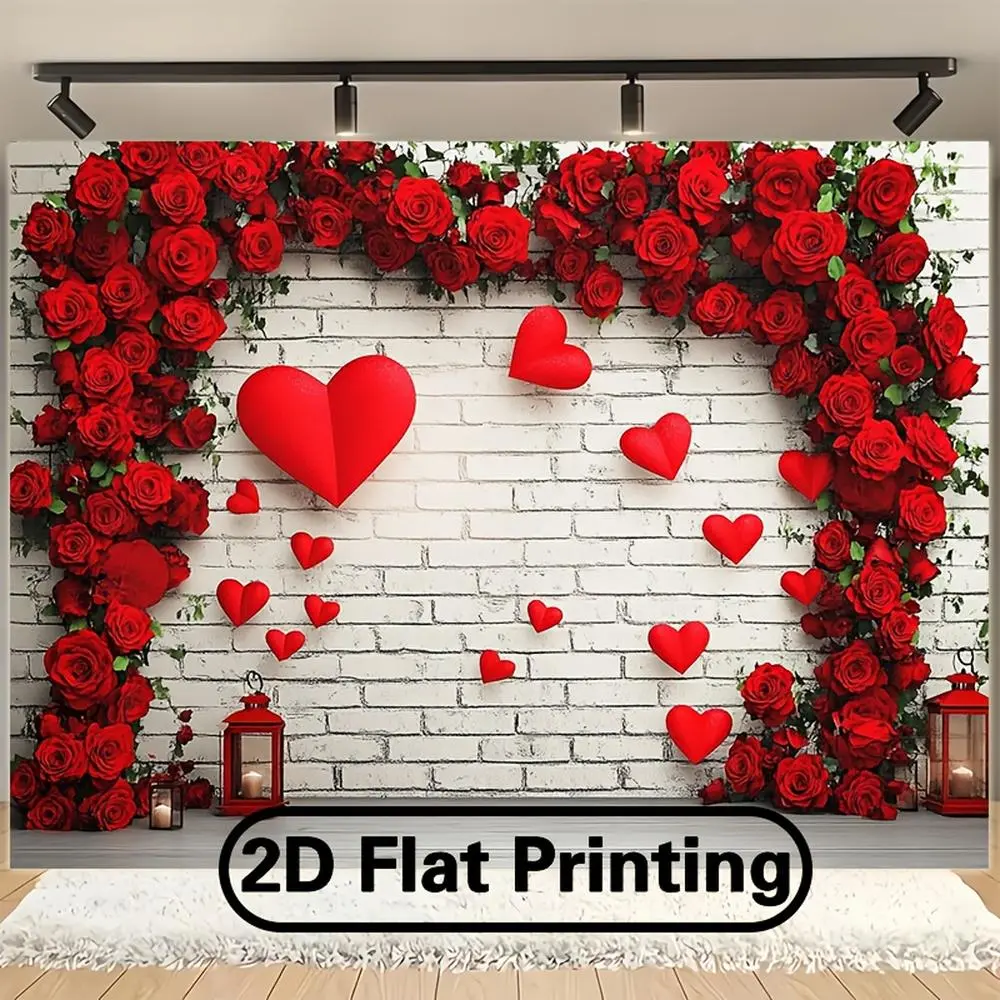 1pc Flat Print Polyester Romantic Photo Backdrop - Indoor Backdrops with Red Roses, Heart Balloons, LOVE Sign, Valentine’s Day Banner for Home Decor, Studio Props, Birthday Events