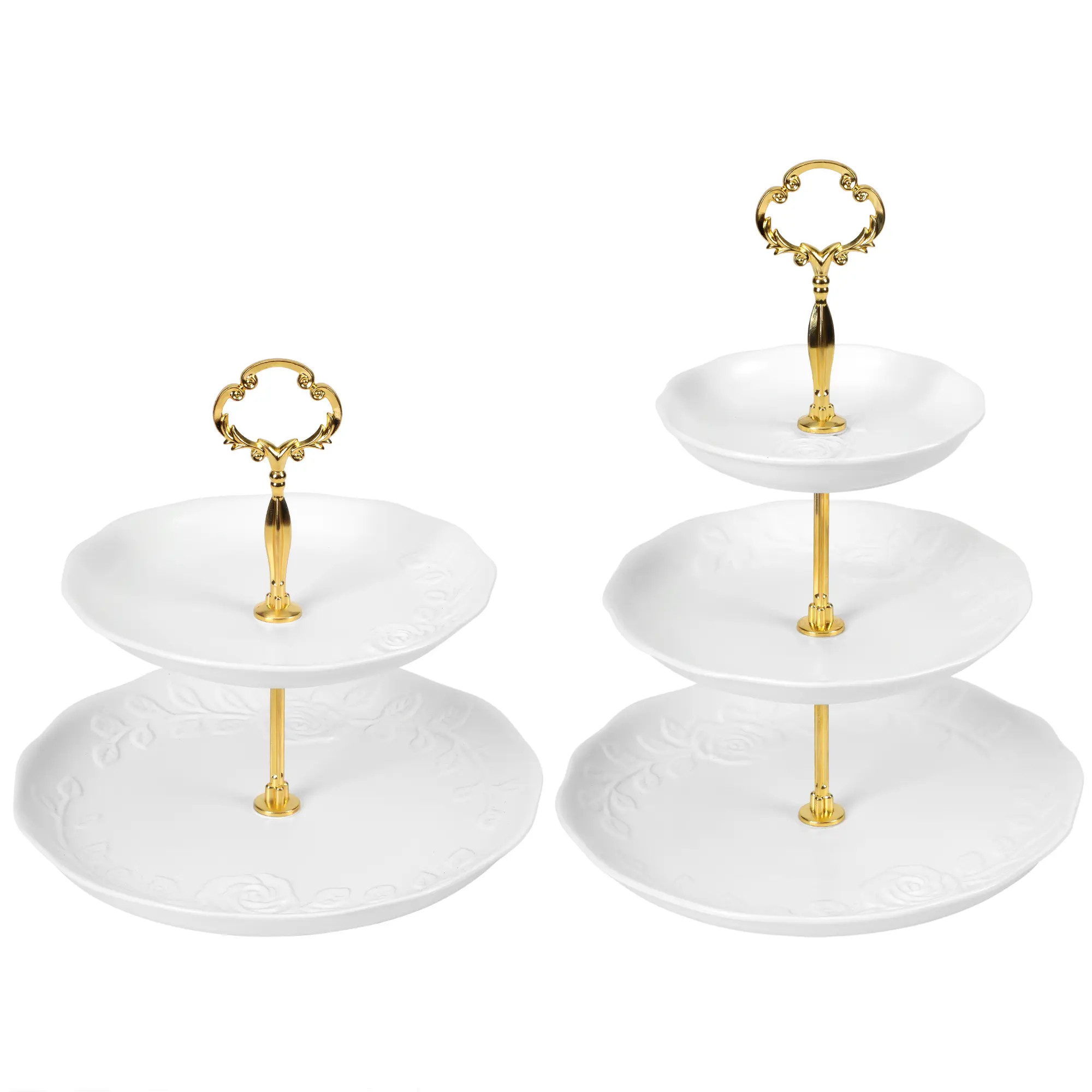 Ceramic 2-Piece Dessert Display Set - 3-Tier & 2-Tier Round White Embossed Detail Porcelain Serving Trays with Metal Stands, Waterproof Wedding-Ready Cake Stands for Party, Home Decor