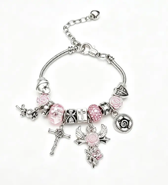 Silver Adjustable Snake Chain Charm Bracelet, 3D Stereoscopic Rose Cross Angel Butterfly Beaded Bracelet, Exquisite Handcraft Fashion Jewelry Gift for Women Teen Girls