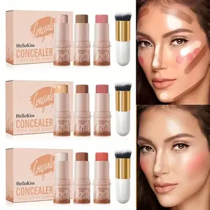 3pcs Hellokiss Cream Contour Kit - Non-Greasy Waterproof Long-Lasting Blush, Highlighter & Bronzer Sticks with Brush | Flawless Finish, Medium Coverage, Plant-Based Squalane, Ideal for Halloween, Suitable for all skin types，Thanksgiving, Christmas Gifts,