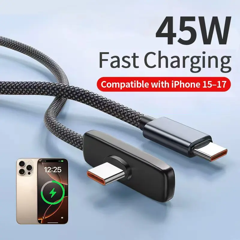 45W fast charging, 90° bend gaming charging cable; compatible with iPhone 16 and 16 Pro Max; compatible with new iPhone 17 Pro Max; braided USB‑C to USB‑C data cable; compatible with iPhone 17, 17 Pro, iPhone 15, 15 Pro, 15 Pro Max, and iPad