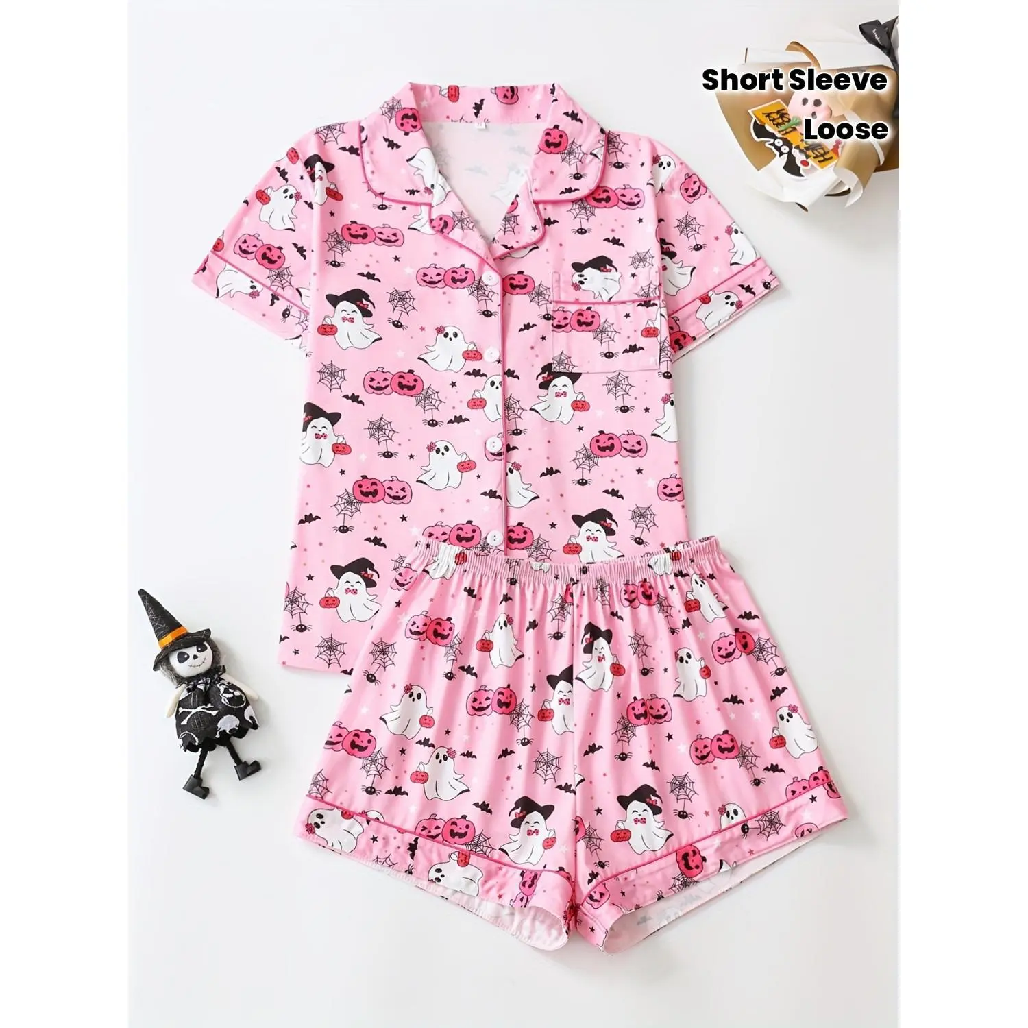 Women's Two-Piece Pink Halloween Pattern Pajama Set with Lapel Button Short Sleeve Top and Comfy Loose Shorts - Elegant Sleepwear