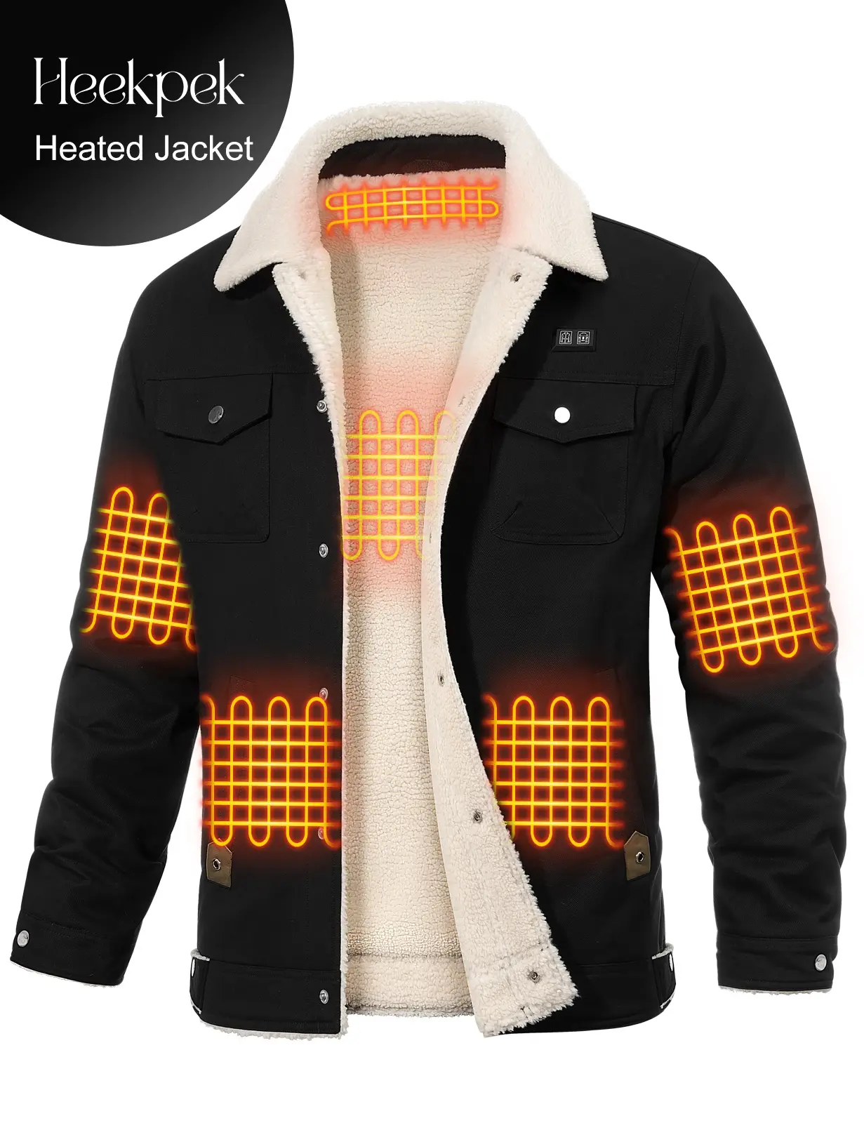 HEEKPEK Men's Soft Heated Jacket - 18400mAh Long-Lasting Battery, 5-Zone Heated Fleece Sherpa Lined Long Sleeve Casual Menswear Clothes for Outdoor Activities Cold Weather, Cold Weather Coats, Tops, Heating, 5-Zones, Collared Neck, Snap Button, Heating Zo