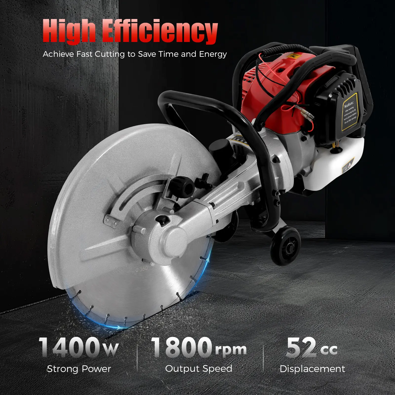 Portable 1400W 13-in Blade Concrete Cutter Saw, Power Tool with Wet Cutting, Depth Adjustment for Construction, DIY Outdoor Projects