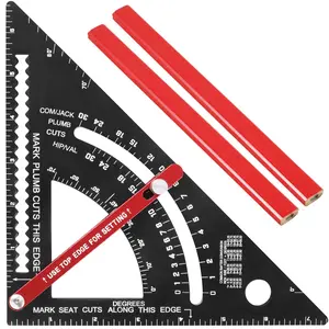 7Inch Aluminum Carpenter Square Set | CNC Machined Woodworking Triangle Ruler & Framing Square | Adjustable Angle Combination Square & Rafter Protractor for Carpentry Construction (Includes 2 Pencils)