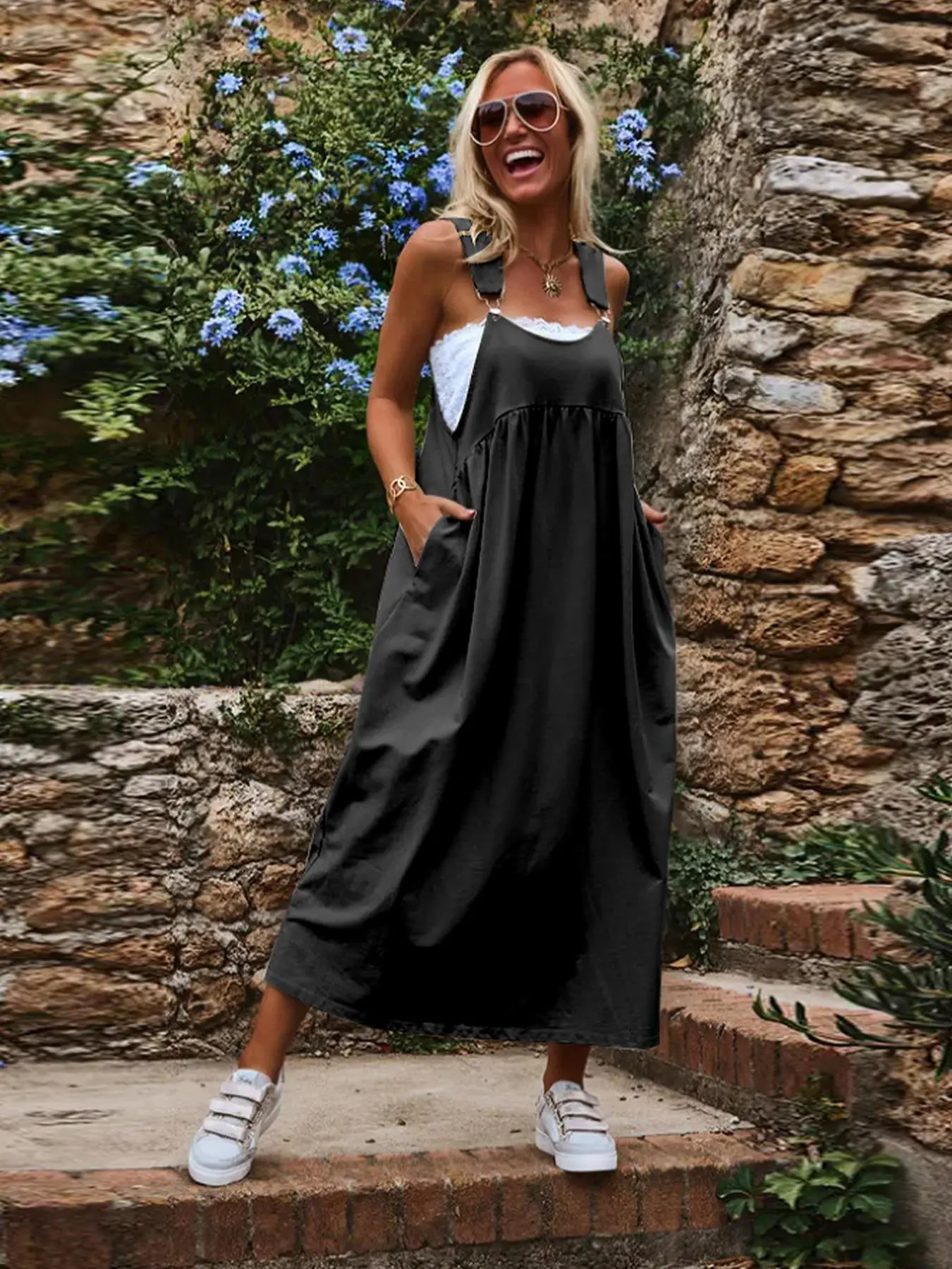 【Plus Size】 Solid Color Strap Pinafore Dress, Casual Sleeveless Long Dress for Daily Wear, Women's Clothing for All Seasons, Womenswear