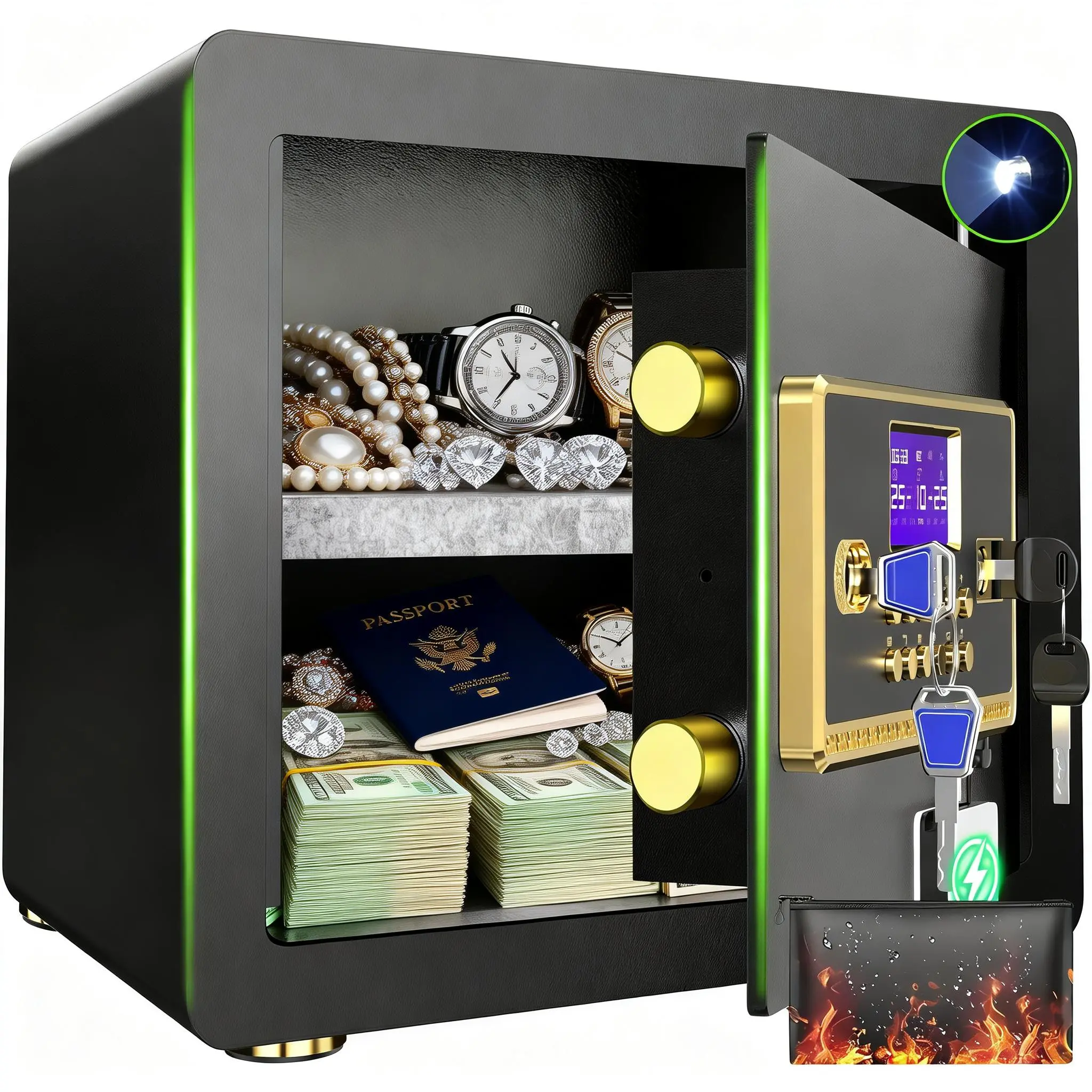 ACTIGER Smart Digital Safe Deposit Box - Large Home Security Cabinet with Interior Lock, Alarm, Fireproof Bag, Heavy-Duty Steel for Cash, Jewelry, Important Documents,summerwins