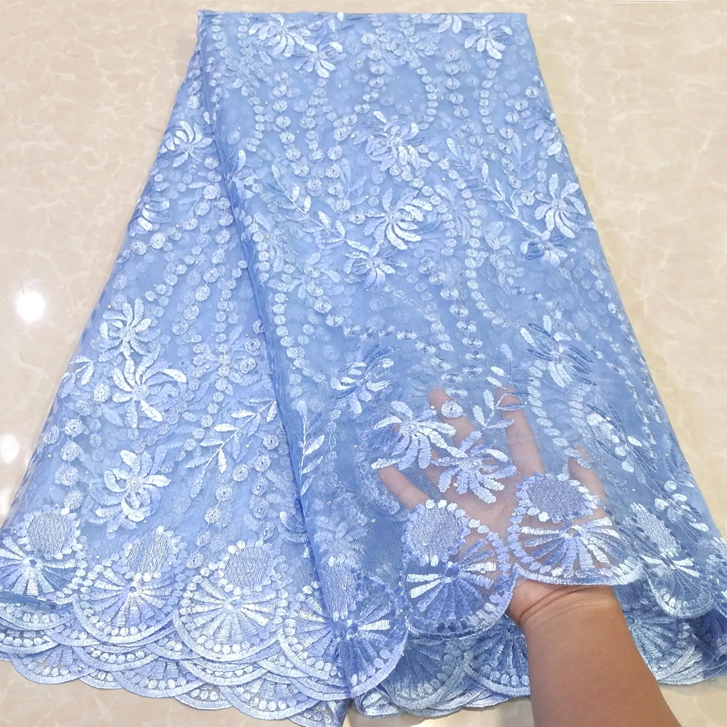 Fashion African Lace Fabric Rhinestone Embroidery 5 Yards
