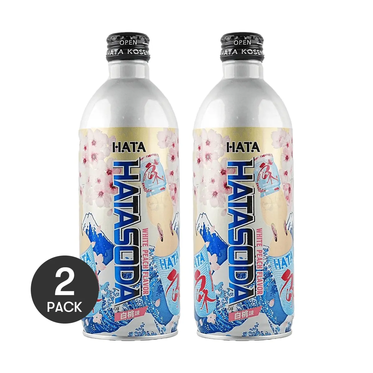 2 Pack HATAKOSEN Japanese Ramune Soda - White Peach Flavor, 500ml Bottles