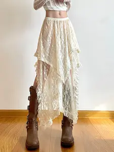 Women's Plain Lace Asymmetrical Skirt, Casual Elegant Elastic Waist Midi Fit Skirt for Fall & Winter, Women's Bottoms for Daily Wear Womenswear