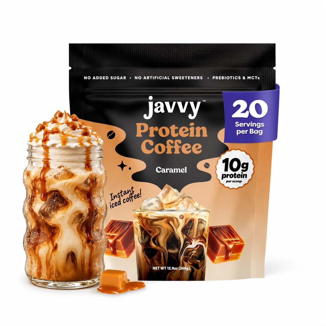 Javvy Caramel Protein Iced Coffee Beverage - Pre-Packaged Instant Coffee, Premium Whey Protein, Arabica Beans Natural Blend, 100% Natural Cold Brew, 0 Additives, 0 Artificial Flavors/Sweeteners, 80mg Caffeine, No Added Sugar, 20 Servings