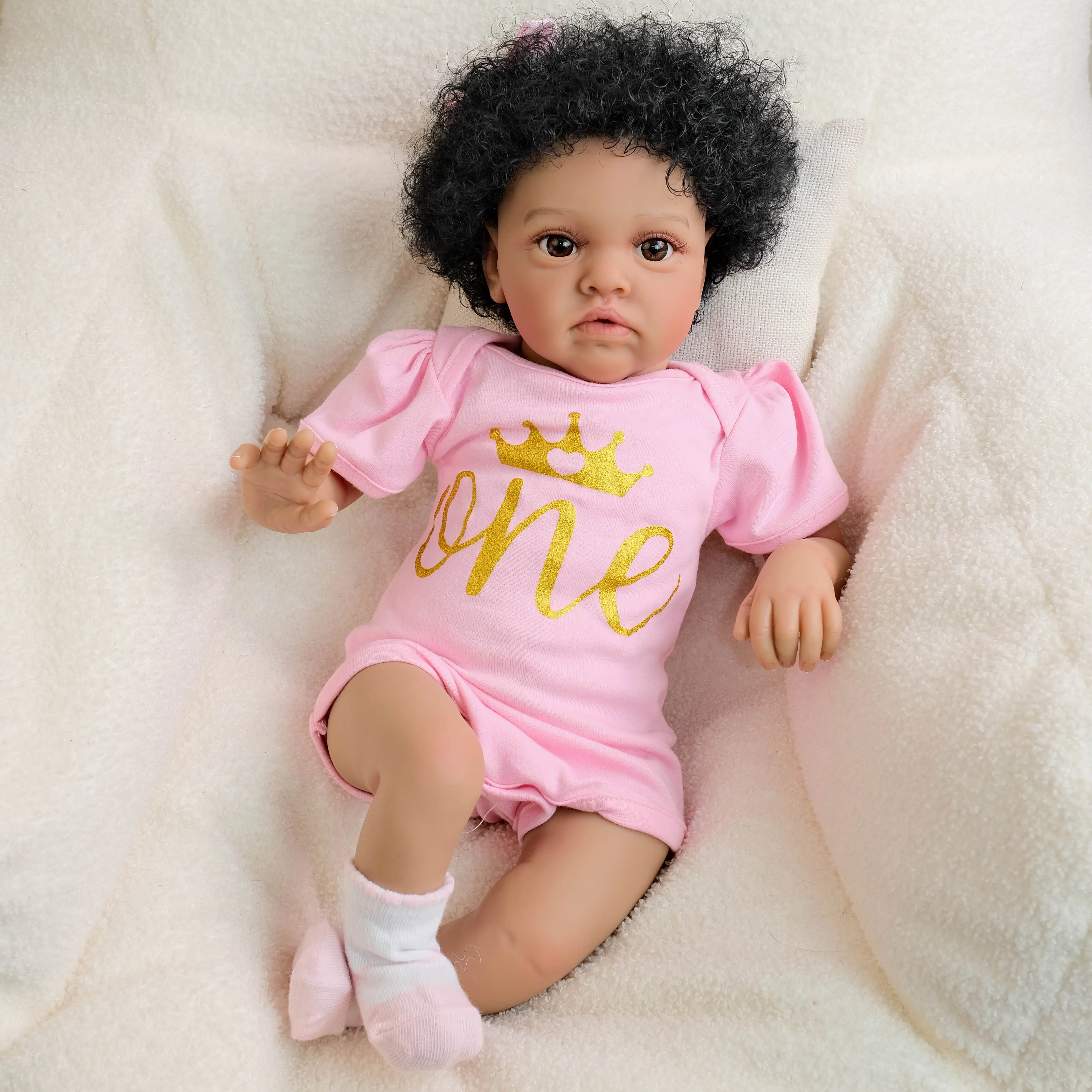Lifelike Reborn Baby Dolls Black 20inch Realistic Newborn Real Life Baby Dolls Implanted Curly Hair Vinyl Cloth Body Baby Dolls with Pink Outfit Pacifier Birth Certificate Toy Gift for Kids Age 3+ christmas collector