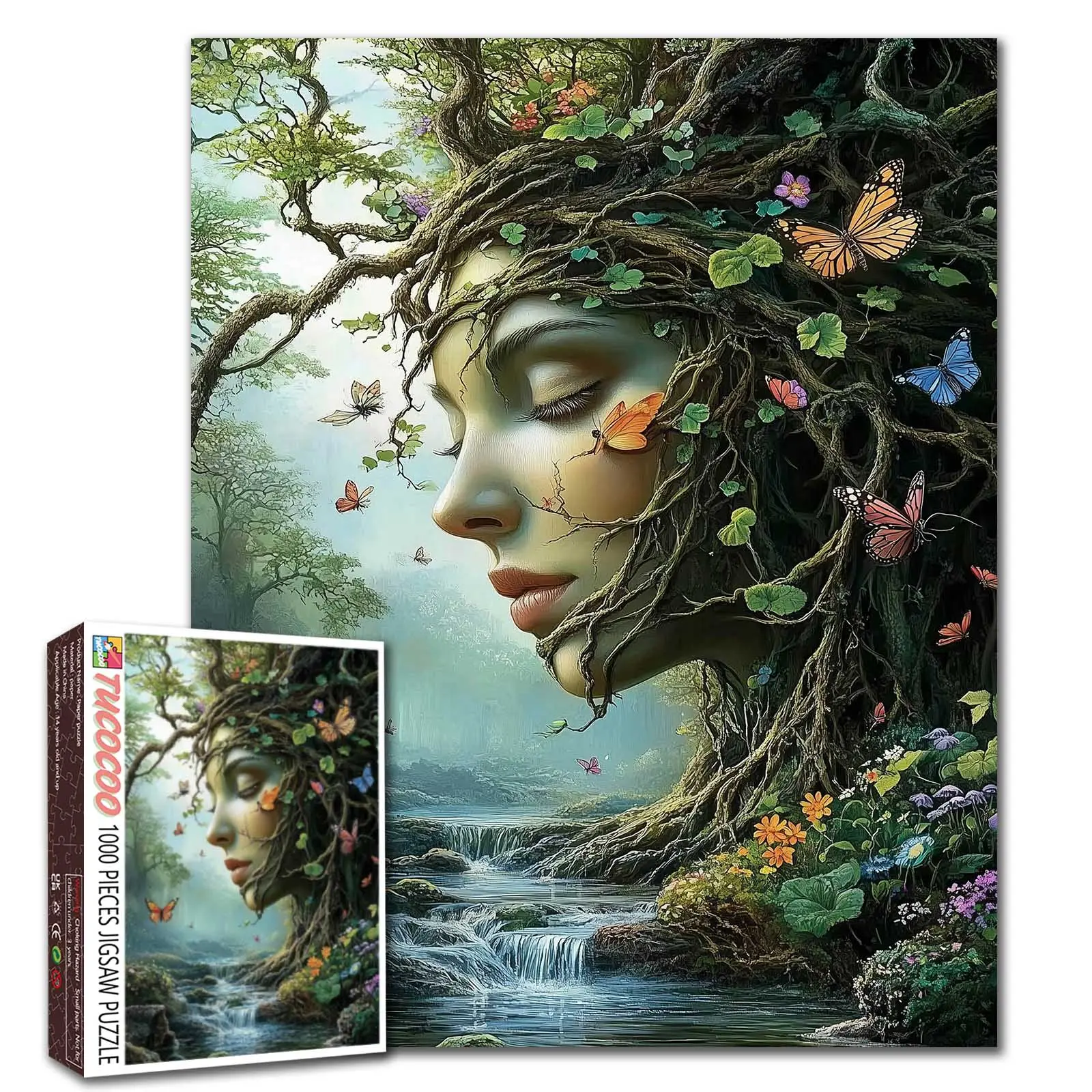 Tucocoo Tree Spirit Goddess 1000 Pieces Jigsaw Puzzle Enchanted Forest Woman Butterfly Nature Fantasy Woodland Artwork for Adults, Family Game Night, Stress Relief, Brain Challenge, Wall Decor Gift, 27.5x20inch(70x50cm)