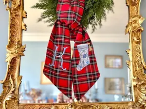 Red Tartan Plaid Wreath Sash: Custom Monogrammed Chinoiserie Stocking Swag