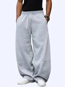 Unisex Drawstring Waist Winter Warm Straight Wide-Leg Loose Fit Jogger Pants with Pockets