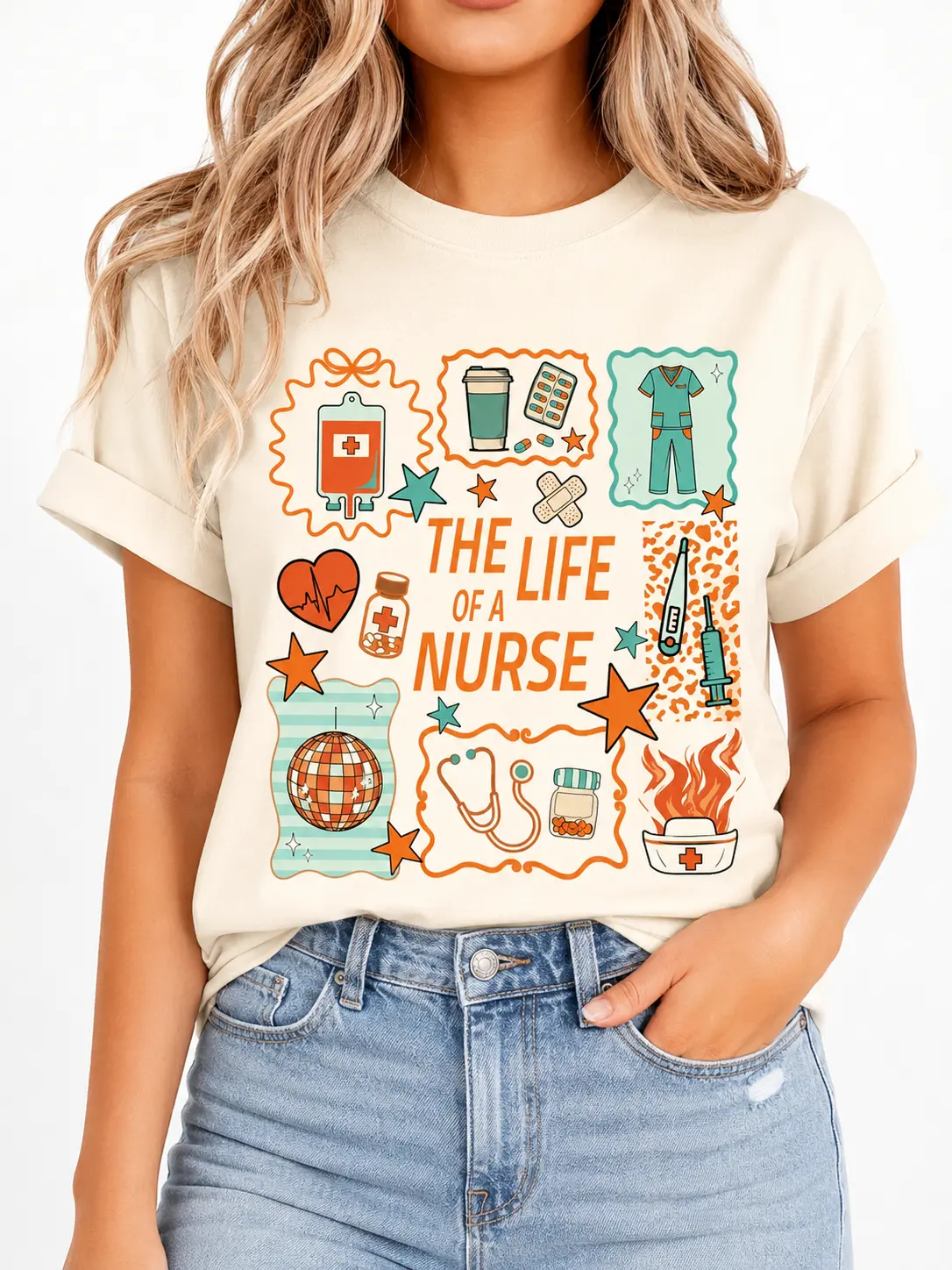 Women's Comfort Colors Soft Cotton Crew Neck Short-Sleeve Nurse Graphic Shirt - RN/LPN/NP Appreciation Gift, Cute Holiday Tee for Music Lovers, Vintage, Fade-Free Ink, Casual Everyday Wear, Nurse Theme