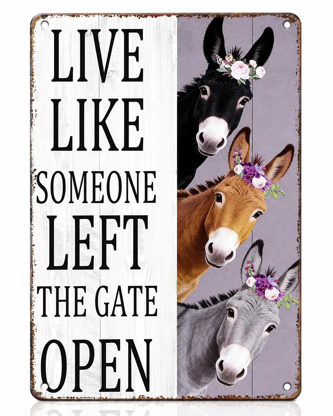 Vintage Farmhouse Rustic Aluminium Tin Sign - 8x12 in Hangable Funny Donkey Decor with "Live Like Someone Left the Gate Open" Quote, Indoor/Outdoor Balcony Barn Home Decor Gift for Donkey Fans