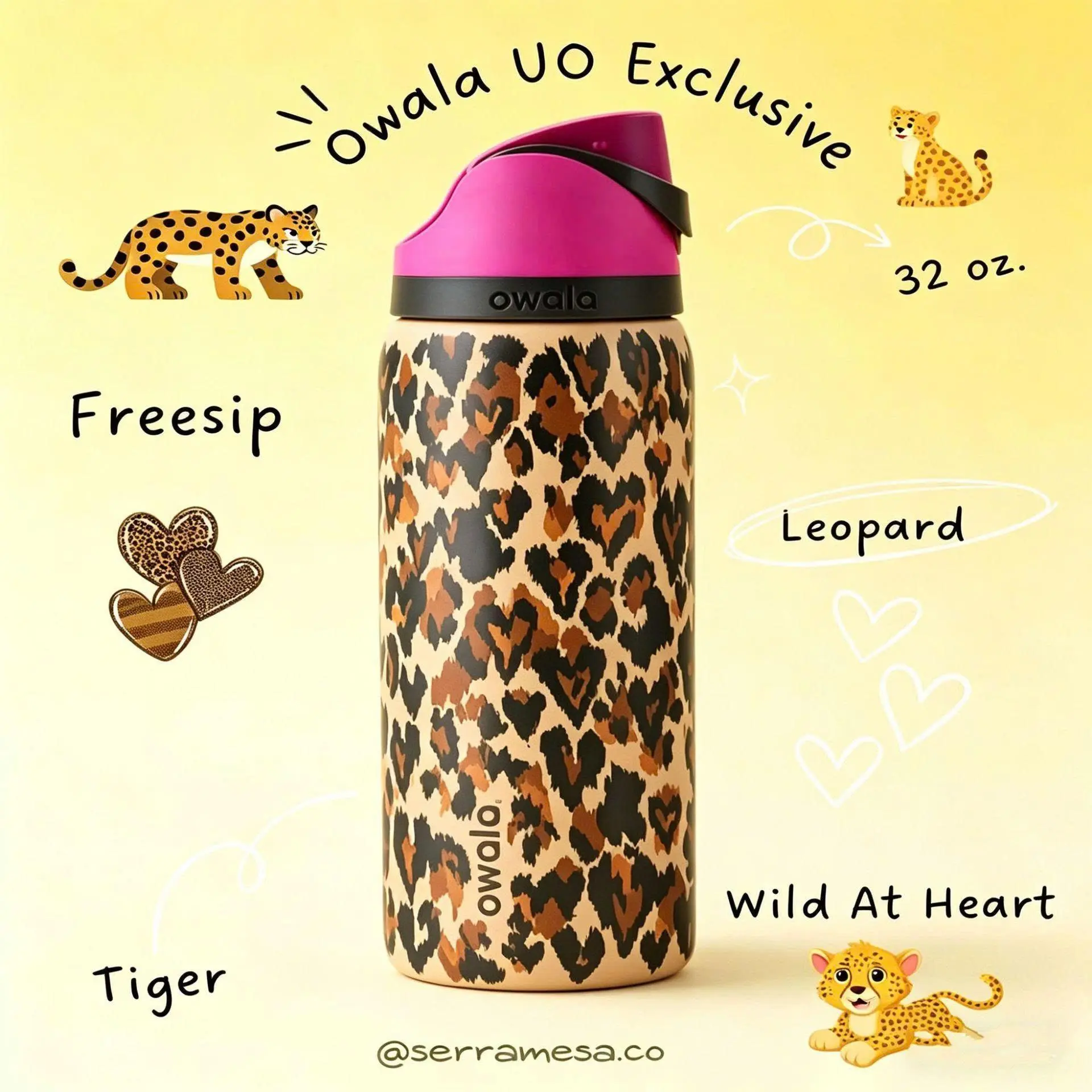 Owala FreeSip 32oz Water Bottle with Straw Insulated Stainless Steel Wild at Heart Cheetah Leopard Print