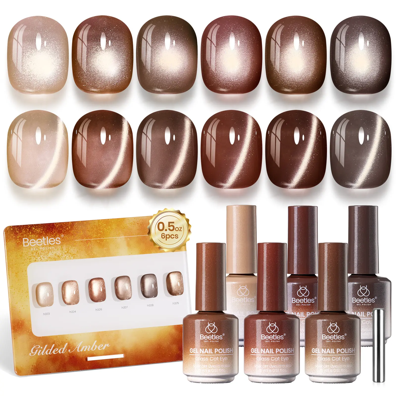 Beetles Cat Eye Gel Nail Polish Set - 6 Colors 15ML Full Size Glitter Gel Polish Kit Glass Cat Eye Magnetic Effect Soak Off UV Nail Art Salon DIY at Home Fall Winter Nails