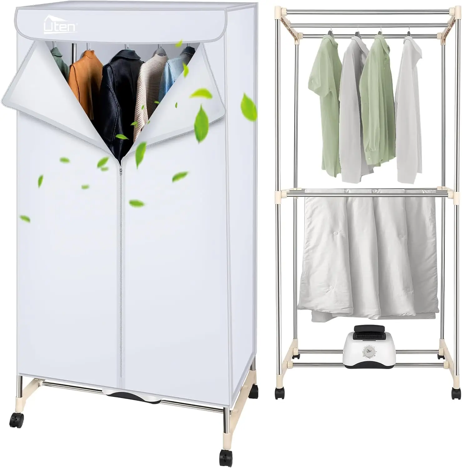 Uten Portable Clothes Dryer, 1500W Clothes Dryer Machine with Timer, Double Layer Stainless Steel Laundry Drying Wardrobe, Electric Clothes Drying Rac